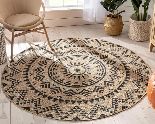 | Kiera Natural Jute | Hand-Braided Tribal Medallion | Black & Natural Color Area Rug | 6' Round