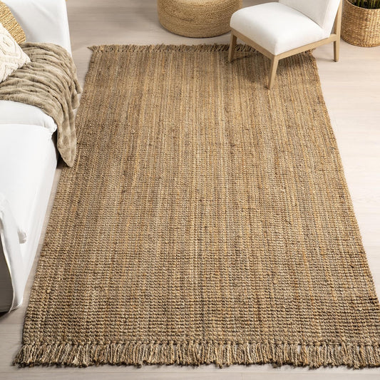 8 Square Daniela Jute Tassel Hand Woven Area Rug, Natural, Solid Chunky Farmhouse Design, Natural Fiber, for Bedroom, Dining Room, Living Room, Hallway, Office, Entryway