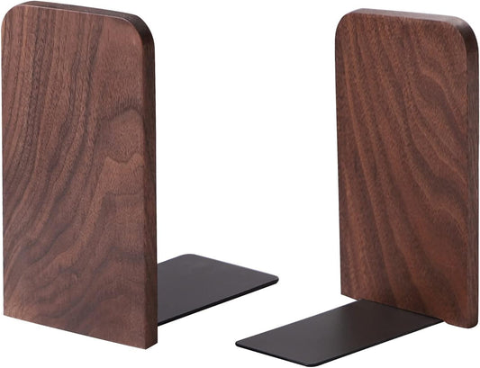 Book Ends for Shelves, Non-Slip Bookends, Heavy Duty Wooden Bookend Support for Books and Movies (Walnut 1 Pair)