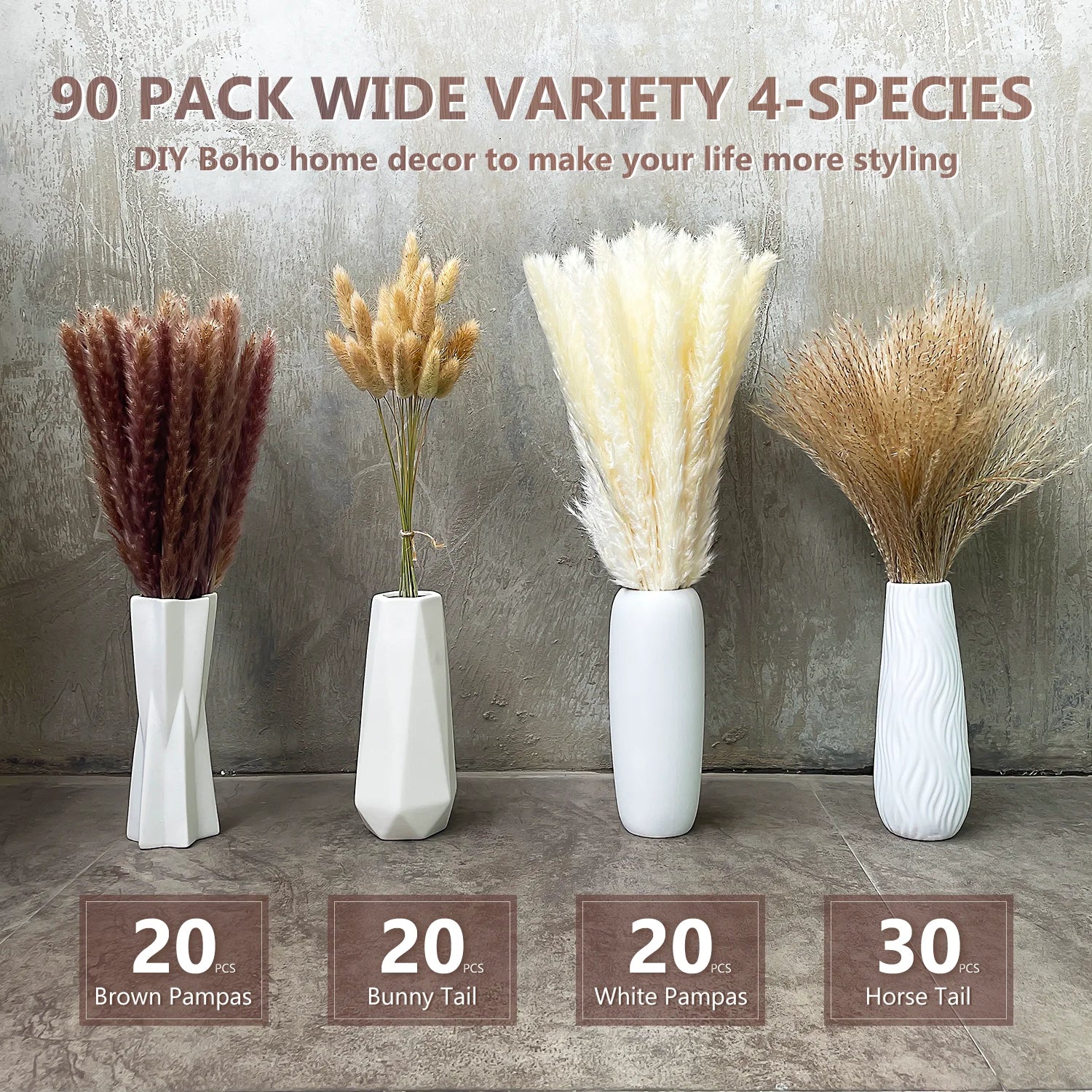 90 Pcs 17.5 Inch Natural Dried Pampas Grass Set - White & Natural Pampas Grass, Reed, Bunny Tails, Fluffy Dried Flowers for Home