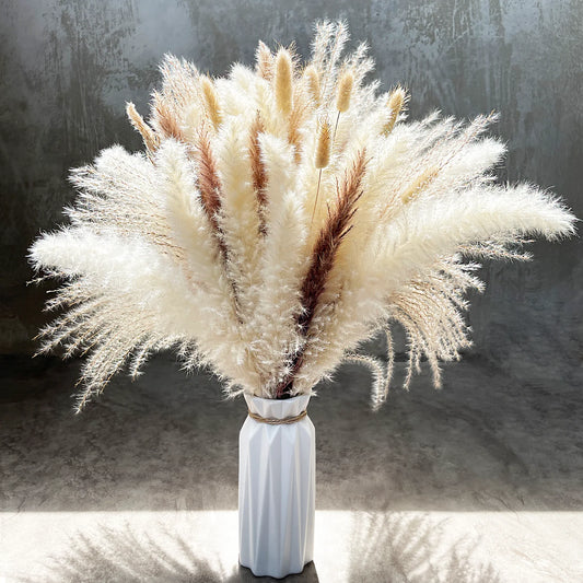 90 Pcs 17.5 Inch Natural Dried Pampas Grass Set - White & Natural Pampas Grass, Reed, Bunny Tails, Fluffy Dried Flowers for Home